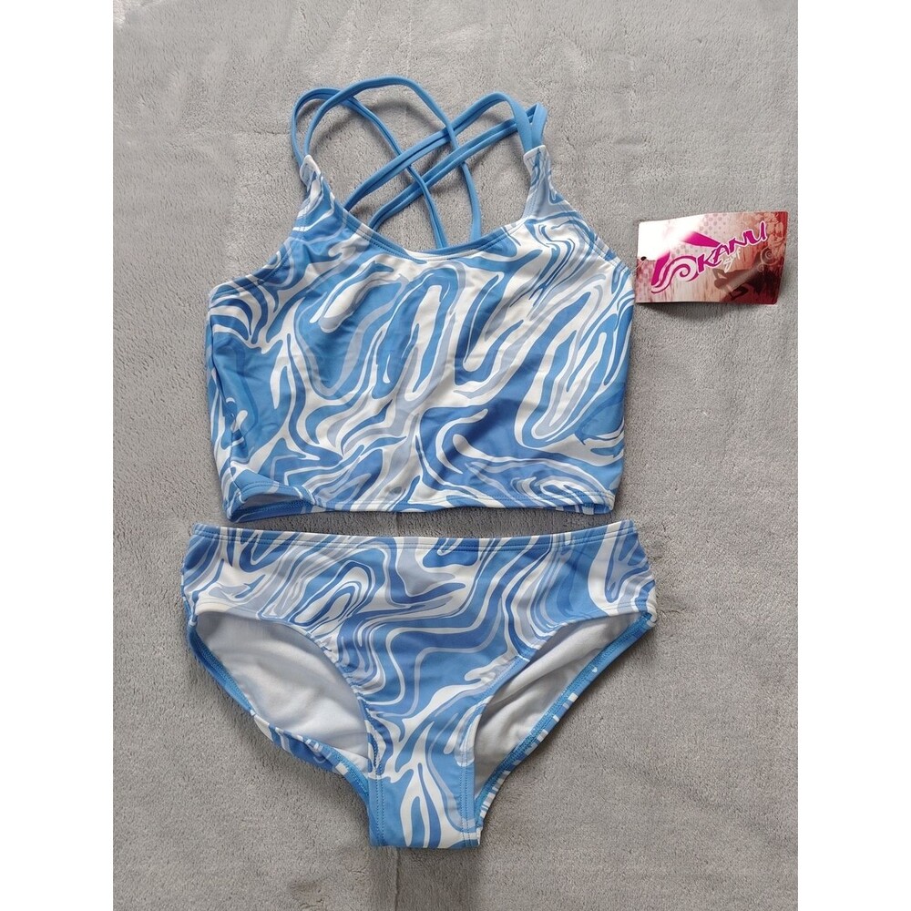 Kanu Surf Blue & White Marble Print Gigi Criss Cross Tankini Size 12 New